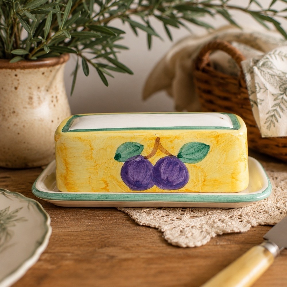 Caleca Italy Hand Painted Ceramic Butter Dish Tuscan Cottagecore Farmhouse Decor